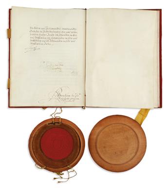LEOPOLD I; HOLY ROMAN EMPEROR. Vellum Document Signed, LeopoldI, confirming the nobility of Isaac Buirette von Öhlefeld, in German.